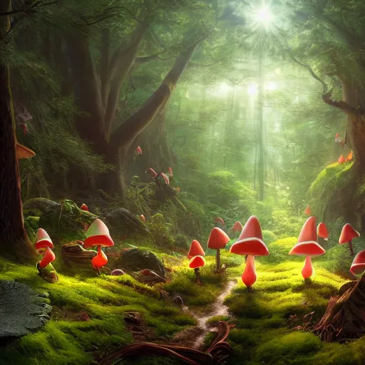 Prompt: tall mysterious woods, realistic gnomes go by their own business, light shining through, mushrooms on the ground, warm lighting, concept art, award winning concept art, Thomas Cole, 4k, 8k,