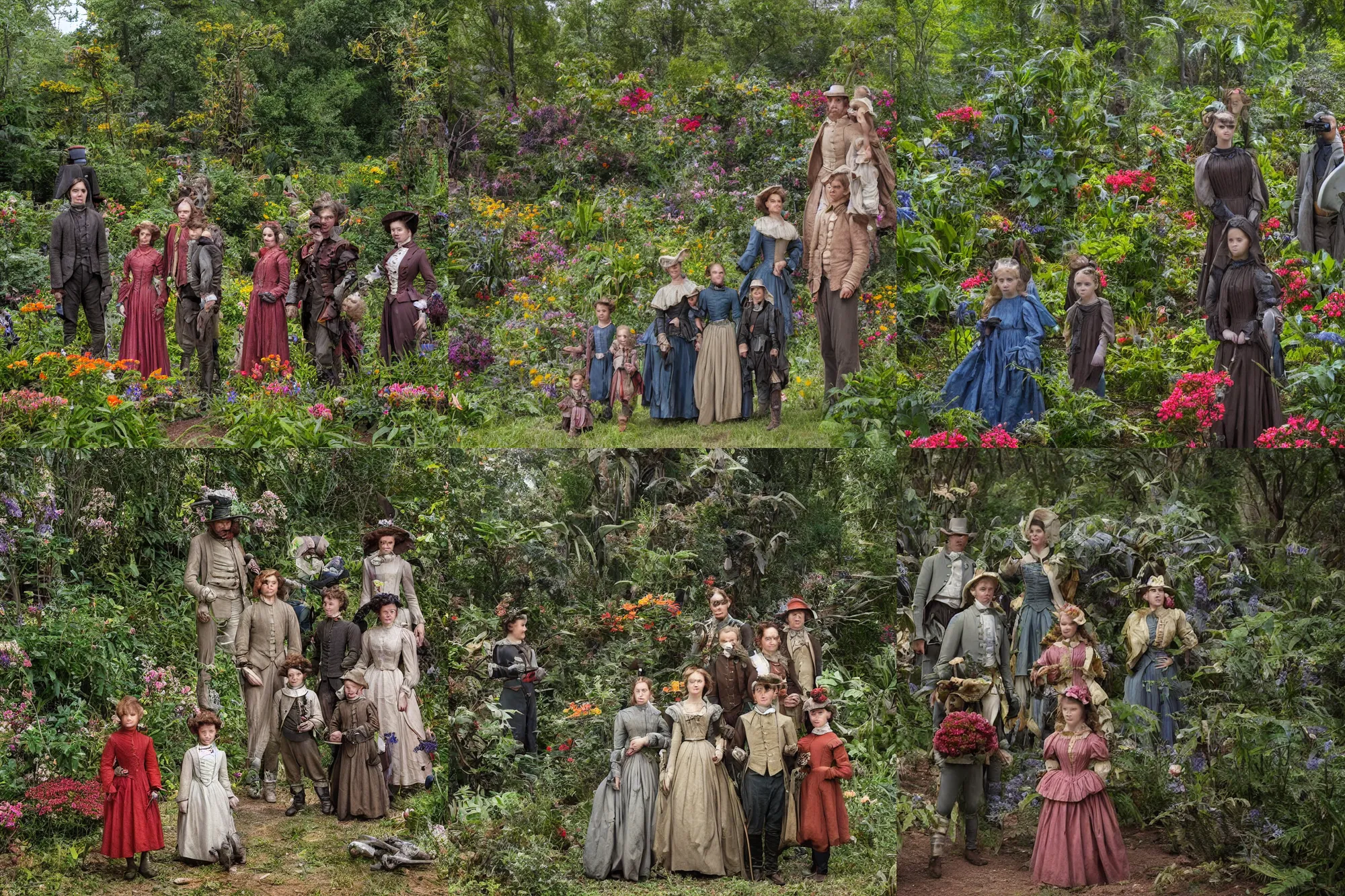 Prompt: sharp, highly detailed, 36864k film, 175000mm film still from a sci fi blockbuster color movie made in 2019, set in 1860, of a family standing in a park, next to some strange alien plants and flowers, on an alien planet, the family are all wearing 1860s era clothes, good lighting, super enhanced faces, 700mm f/1.4L lens