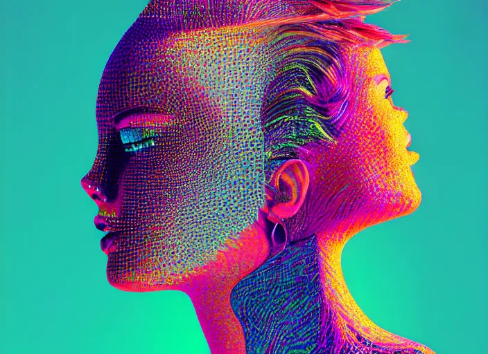Prompt: portrait of a fashion model, exuberant geametric glitch style, colorful, dynamic pose, beautiful realistic face, octane render, vray, detailed, wide angle, halftoned, editorial photography, matte print, grainy light, ( ( dither ) ), risograph, high contrast, screen print, rich grainy texture