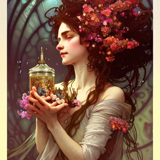 Image similar to A woman holding an enchanted jar full of magic flowers surrounded by fairies, fairy tale, face, fantasy, intricate, elegant, highly detailed, digital painting, artstation, concept art, smooth, sharp focus, illustration, art by Krenz Cushart and Artem Demura and alphonse mucha