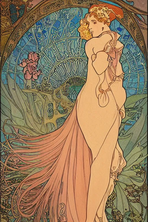 Image similar to full length art nouveau painting of princess - peach!!!!!!! by mucha, sharp edges, intricate line - work.