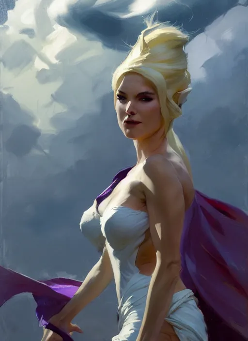 Image similar to Greg Manchess painting of Syndra from League of Legends, countryside, calm, fantasy character portrait, dynamic pose, above view, sunny day, thunder clouds in the sky, artwork by Jeremy Lipkin and Giuseppe Dangelico Pino and Michael Garmash and Rob Rey, very coherent asymmetrical artwork, sharp edges, perfect face, simple form, 100mm