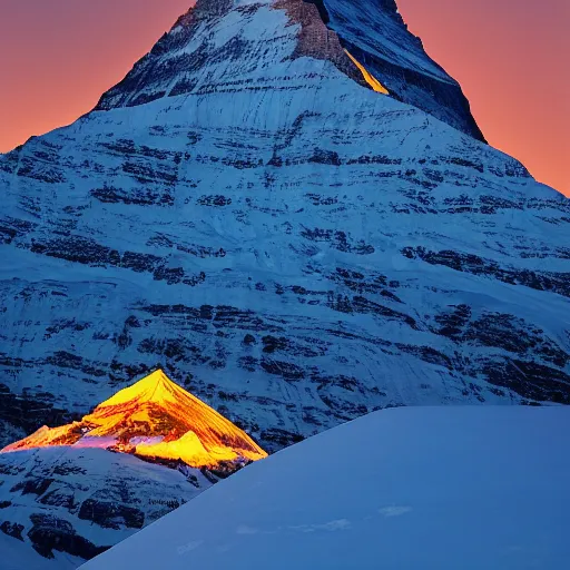 Image similar to indian flag projected illuminated on the matterhorn mountain at night, top is orange, middle white, bottom green