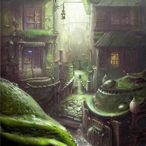 Image similar to anthropomorphic green puddle with an angry sneer lurking in a damp alleyway , concept art, painting by Justin Gerard