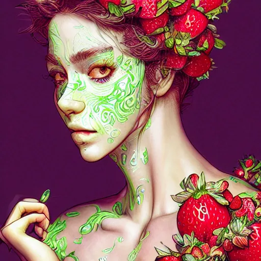 Prompt: the portrait of an absurdly beautiful, graceful, elegant, sophisticated perky woman made of strawberries and green petals, an ultrafine hyperdetailed illustration by kim jung gi, irakli nadar, intricate linework, bright colors, octopath traveler, final fantasy, unreal engine 5 highly rendered, global illumination, radiant light, detailed and intricate environment