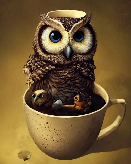 Image similar to long shot of a very cute owl chick nesting in a futuristic mug, esao andrews, humorous illustration, hyperrealistic, big depth of field, warm colors, night scenery, low light, 3 d octane render, 4 k, concept art, hyperdetailed, hyperrealistic, trending on artstation