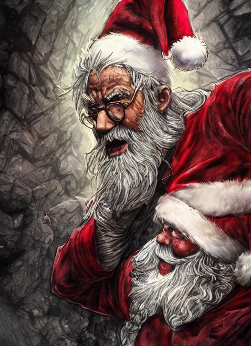 Image similar to portrait, Santa Clause fighting zombies, watercolor, dramatic lighting, cinematic, establishing shot, extremly high detail, foto realistic, cinematic lighting, pen and ink, intricate line drawings, by Yoshitaka Amano, Ruan Jia, Kentaro Miura, Artgerm, post processed, concept art, artstation, matte painting, style by eddie mendoza, raphael lacoste, alex ross