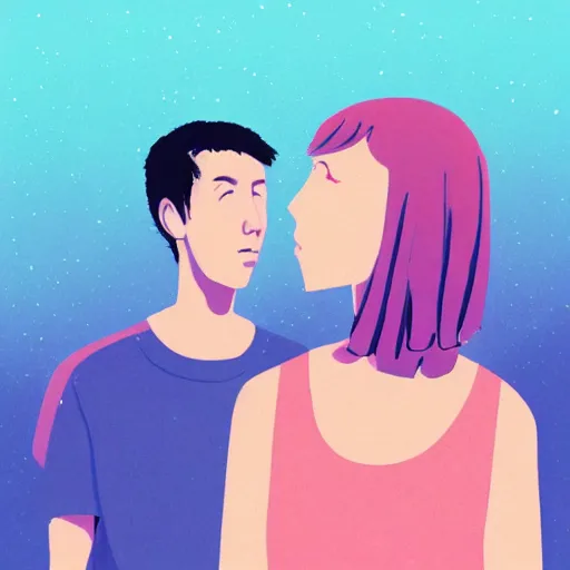 Image similar to a tall girl and a short guy, lofi album art, mid shot, detailed faces, ambient lighting, cozy couple, digital art, 4 k