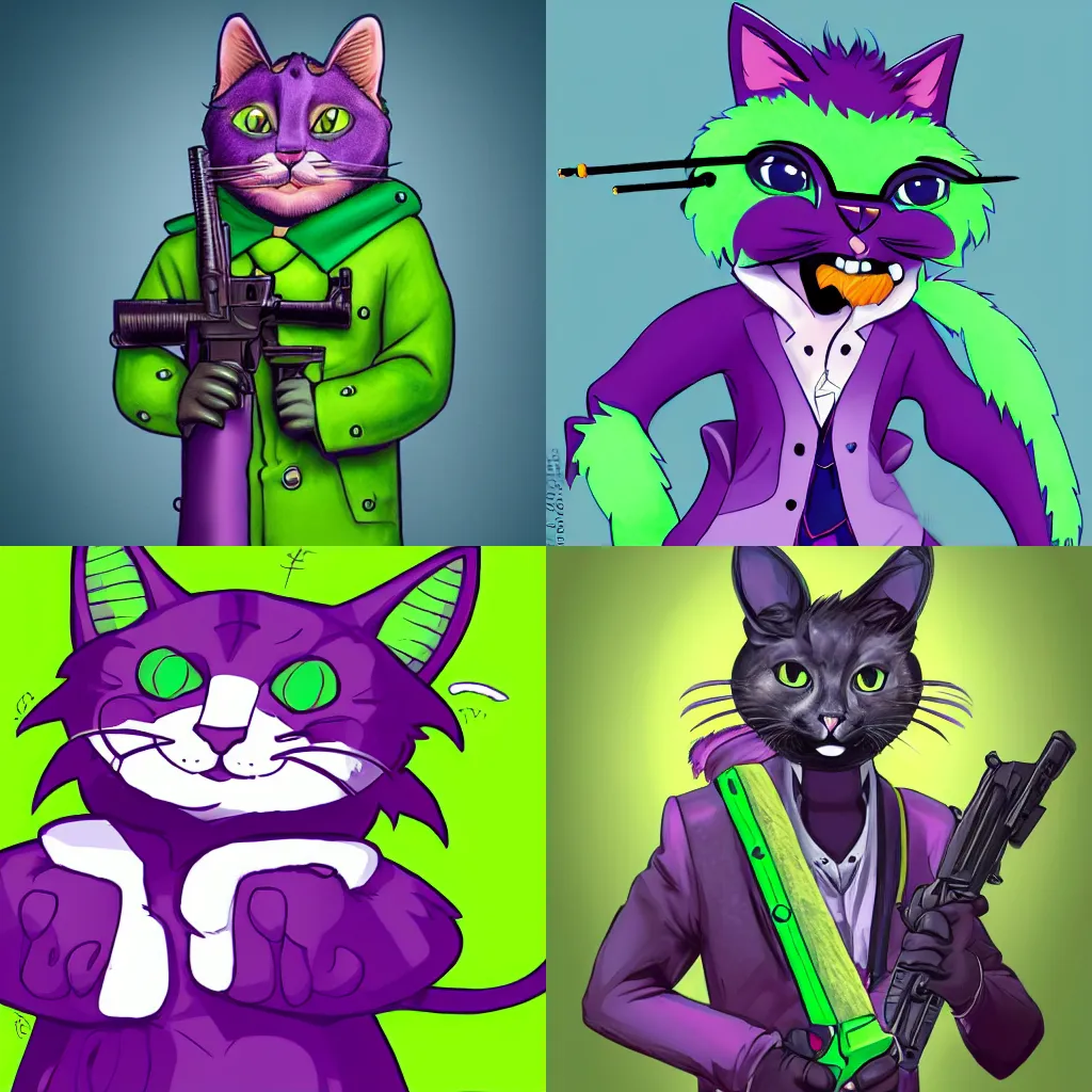 Prompt: photo anthropomorphic cat fursona, green fur, purple eyes, large horns, holding an ak 4 7 gun, 8 k