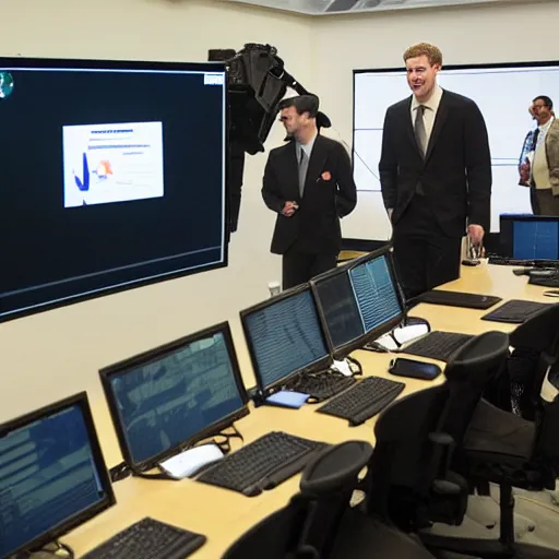 Image similar to laughing mark Zuckerberg at a busy military situation room with giant monitors. Cross hairs and military vision are on the screens.