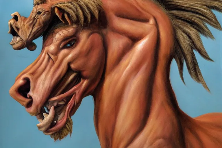 Prompt: beautiful lifelike painting of a centaur centaur centaur chimera tom cruise torso, majestic cinematic, hyperreal detailed facial features and uv lighting, art by ed roth and basil wolverton