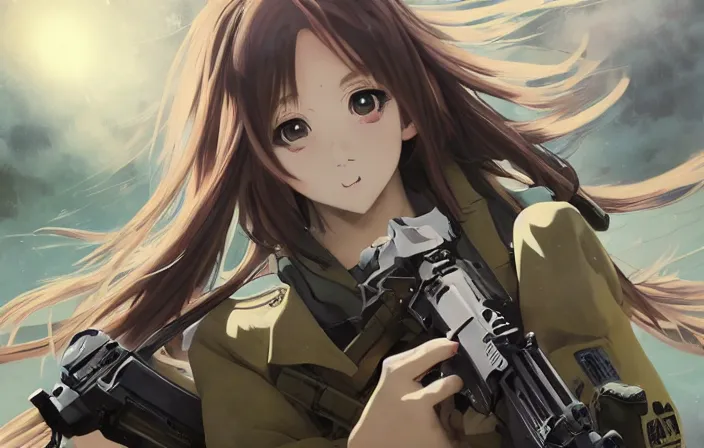 Image similar to under heavy fire, squad, infantry girl, anime style, symmetrical facial features long hair, hair down, explosions, wallpaper, from girls frontline, hyper realistic, pale skin, rule of thirds, extreme detail, 4 k, detailed drawing, trending artstation, realistic lighting, trading card, by alphonse mucha, greg rutkowski, sharp focus, backlit