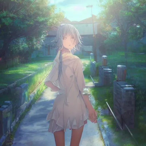 Prompt: i was wandering down the back roads of alhambra when i met a beautiful anime girl, her hair was flowing with the coastal breeze and her azure eyes pierced my soul, but she was not cold as i approached her. | | anime key visual, official media, illustrated by wlop, extremely detailed, 8 k, trending on artstation, cinematic lighting, beautiful