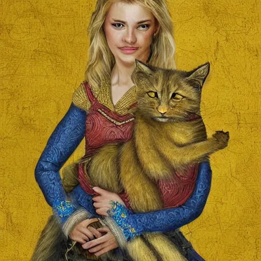 Prompt: blonde warrior princess riding a large yellow furry house cat, high detail,