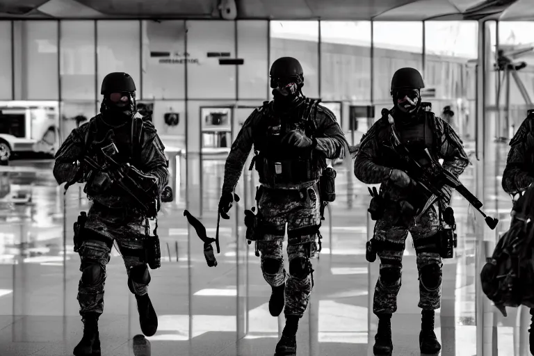 Image similar to Mercenary Special Forces soldiers in grey uniforms with black armored vest and black helmets fighting inside an airport in 2022, Canon EOS R3, f/1.4, ISO 200, 1/160s, 8K, RAW, unedited, symmetrical balance, in-frame, combat photography