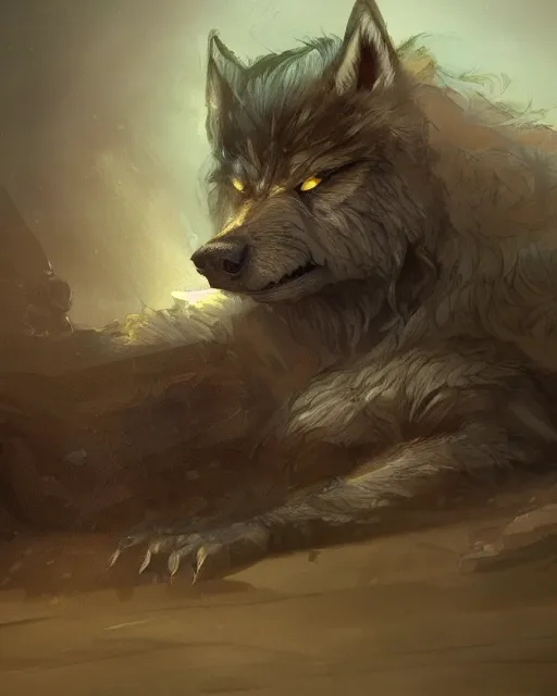 Image similar to medieum shot of a warg!!! dire wolf sleeping on a mat in a corner of a adobe house, torchlit, concept art by marc simonetti and christophe vacher, trending on artstation