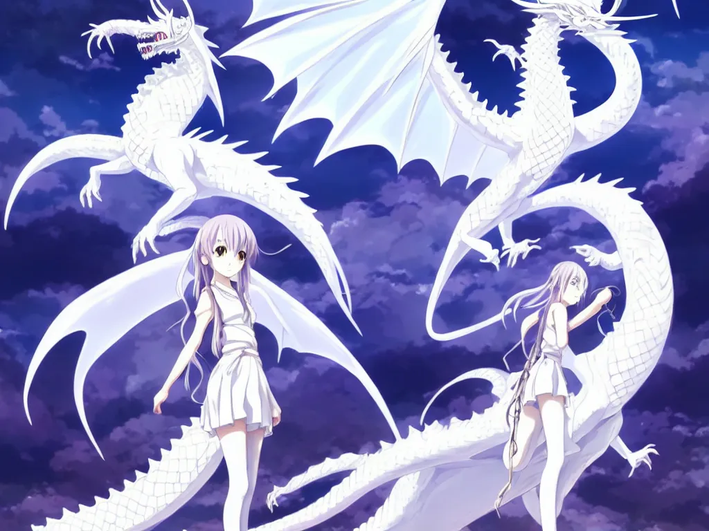 Image similar to anime art full body portrait character concept art, be surrounded by a huge silver white dragon center, in white clouds fairyland, anime key visual of white dragon and girl, finely detailed perfect face delicate, raphael lacoste, trending on pixiv fanbox, james jean, violet evergarden, studio ghibli, xision, extremely high quality artwork