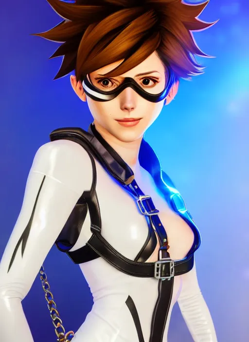 Image similar to portrait bust digital artwork of tracer overwatch, wearing white iridescent rainbow latex and leather straps catsuit outfit, 4 k, expressive happy smug expression, makeup, in style of mark arian, angel wings, wearing detailed black leather collar, chains, black leather harness, detailed face and eyes,