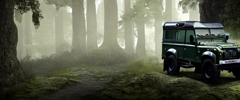 Image similar to Land Rover Defender 110 (1985), The Elder Scrolls V: Skyrim, Riften, The Rift, an epic fantasy, living flora, spriggans, humanoid flora, green floral energy going through spriggans, wooden forest spirits, dramatic lighting, cinematic, establishing shot, extremely high detail, photorealistic, cinematic lighting, artstation, by simon stalenhag