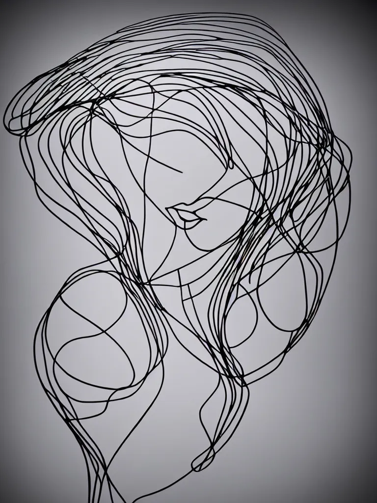 Image similar to elegant minimalist metal wire art of symmetrical and emotional dramatic female facial features and body silhouette, special curves, unusual twirls and funky spirals