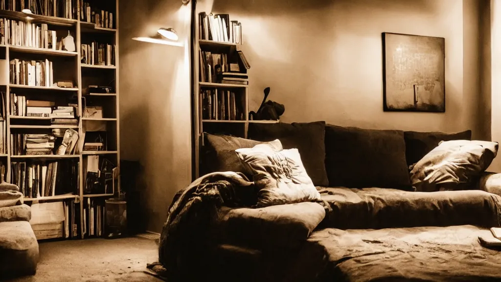 Prompt: a room in darkness with a couch and a small shelf with book lit by a dim light.