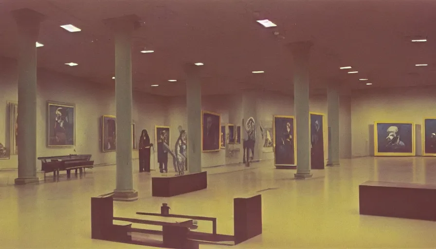 Image similar to 60s movie still of a sovietic stalinist style empty art museum with a soviet congress with yellow wall, kodakchrome, liminal Space style, heavy grain