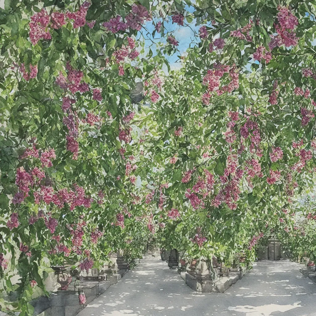 Prompt: isomeric view, delicate, colonnade in a botanic garden, garden road, lake, sparrows, temple in a botanical herbarium paper, watercolor colored painting, iridescent colors, 8 k, realistic shaded, fine details, artstation, italian style, grapes, flowers, architecture, roma