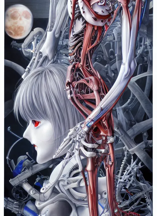 Image similar to Rei Ayanami by Yoshitaka Amano, by HR Giger, biomechanical, 4k, hyper detailed, hyperrealism, anime, a Blood Moon rising on a Broken World, deviantart, artstation