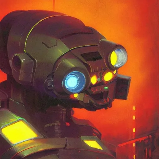 Prompt: a dark and colorful close - up of a sci - fi mecha cat robot with led lights glowing fog in the background. highly detailed science fiction painting by norman rockwell, frank frazetta, and syd mead. rich colors, high contrast, gloomy atmosphere, dark background. trending on artstation