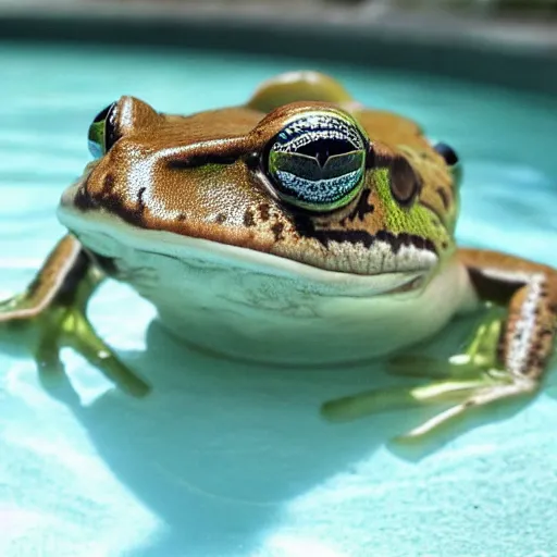 Prompt: An old photo of a sophisticated frog in a nice suit, he is chilling in a pool