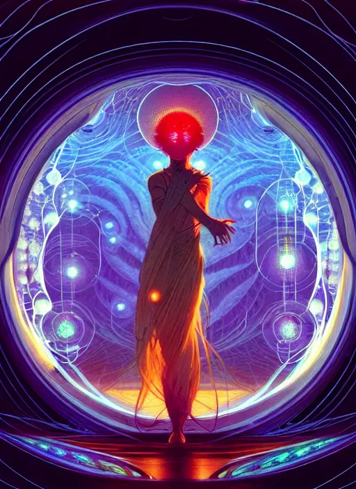 Prompt: high depth, inside fractals!! calm, healing, resting, life, hybrids, scifi, glowing lights!!, published concept art, mixed medias, image overlays, sharp focus, thin glowing wires, winning illustration, art by greg rutkowski and alphonse mucha, singularity!!!, 3 6 0 projection