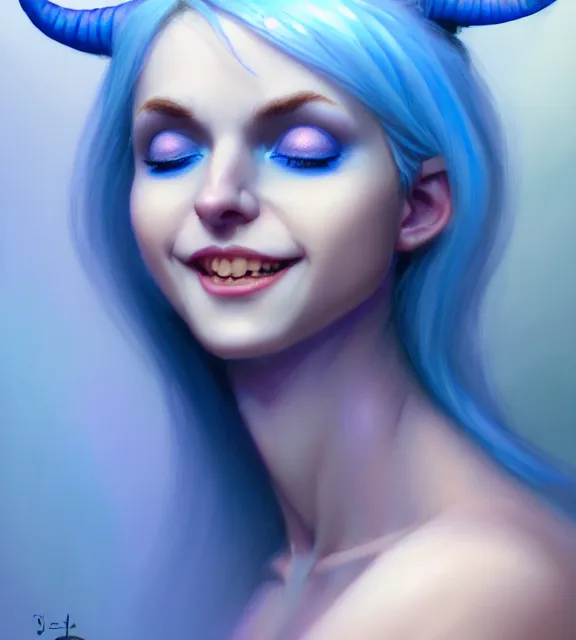 Prompt: beautiful female tiefling smiling wearing pale blue halter top, perfect face, blue hair, with abs, blue skin, cinematic, blush, stunning, elegant, highly detailed, psychedelic, digital painting, artstation, smooth, hard focus, illustration, art by jessica rossier and and brian froud
