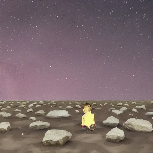 Prompt: a lonely kid in an unknown world, looking at the stars, with a lot of dead bodies behind him, rocks floating, painted like alex kanevsky, and the athmosphere of dennis villeneuve