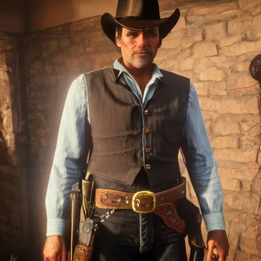 Prompt: jim carey stars as dutch van der linde in the playstation 4 video game red dead redemption 2, detailed screenshot beautiful!