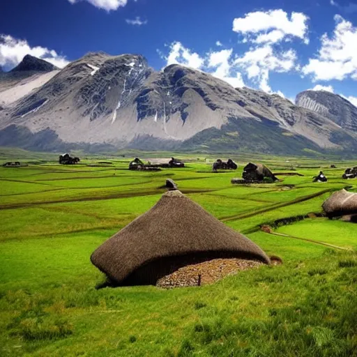 Prompt: beautiful landscape of Rohan with rural thatch roof villages scattered throughout the countryside, in the style of J.R.R Tolkien