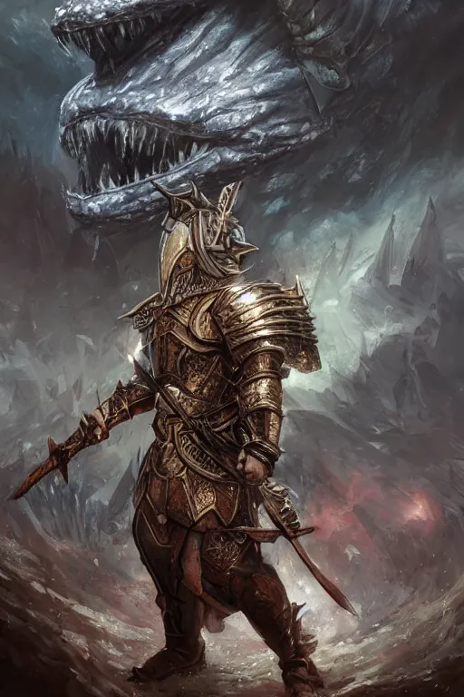 Image similar to Huge fishheaded warrior in armor, portrait, woodlands, magic the gathering artwork, D&D, fantasy, cinematic lighting, centered, symmetrical, highly detailed, digital painting, artstation, concept art, smooth, sharp focus, illustration, volumetric lighting, epic Composition, 8k, art by Akihiko Yoshida and Greg Rutkowski and Craig Mullins, oil painting, cgsociety