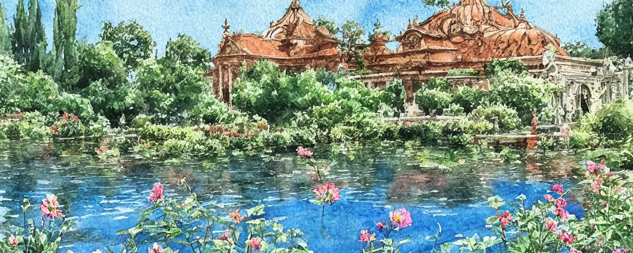 Image similar to isomeric view, delicate lake in a botanic garden, garden road, sparrows, temple in a botanical herbarium paper, watercolor colored painting, iridescent colors, 8 k, realistic shaded, fine details, artstation, italian style, colonnade, flowers, huge architecture