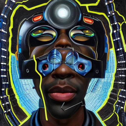 Image similar to a realistic oil painting of a black man as a cybernetic cyborg, surrealism portrait, surrealism album cover