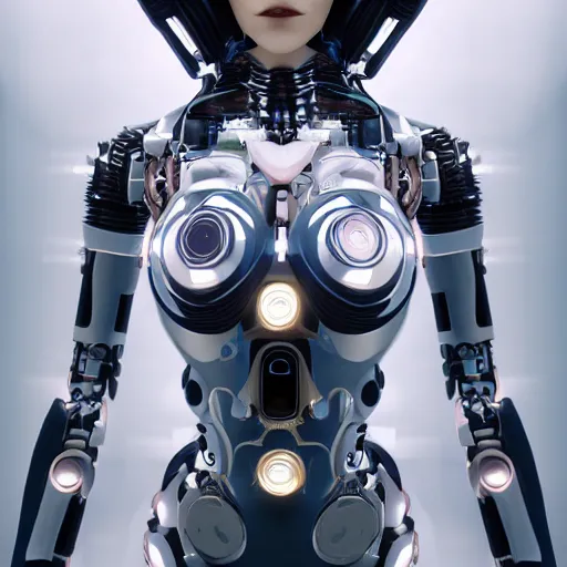 Prompt: beautiful Fine art photography portrait of a solarpunk half robot half human girl with real human face, led lights over lower chest, highly detailed, photorealism, cinematic lighting 8k