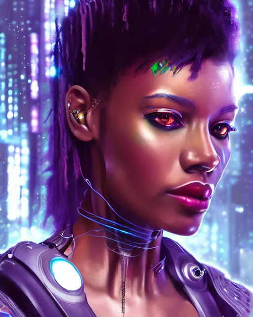 Image similar to cyberpunk realistic black female artist creating art on her computer, artstation trends, sci fi concept art, highly detailed, intricate, sharp focus, digital art, 8 k,