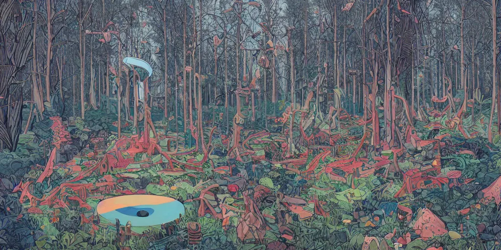 Image similar to painted forest landscape in the year 2020 with a single small brutalism monument in the center by james jean