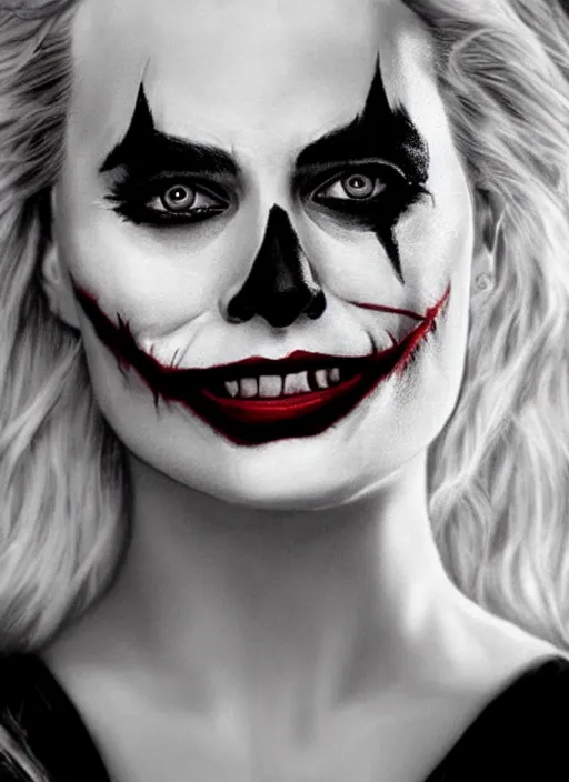 Image similar to pencil drawing of margot robbie with joker makeup, ace card, realistic face, black and white, hyper realistic, highly detailed