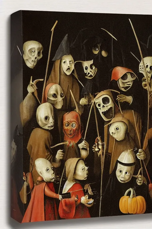 Prompt: Trick-or-treaters during Halloween, painted by Hieronymus Bosch, printed on metal canvas