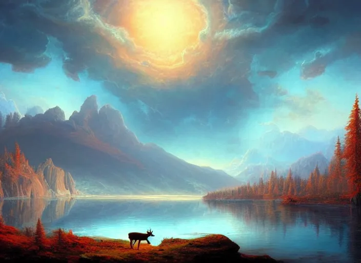 Image similar to a red deer by a lake on an alien planet, digital art, soft colors, detailed, artstation, clouds, blue, deviant art, by frederic edwin church, by tyler edlin