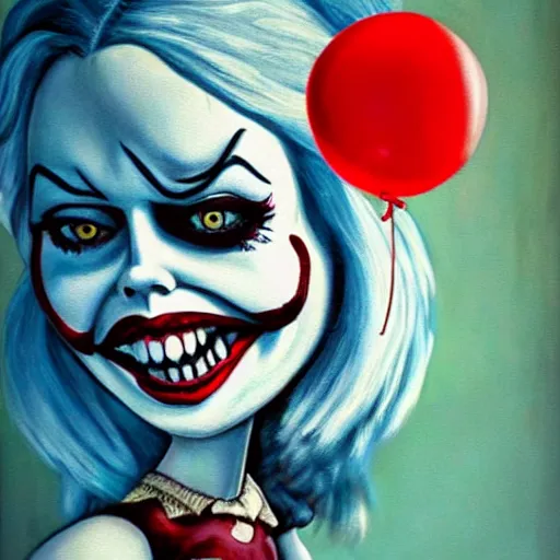 Image similar to grunge cartoon painting of margot robbie with a wide smile and a red balloon by chris leib, loony toons style, pennywise style, corpse bride style, horror theme, detailed, elegant, intricate