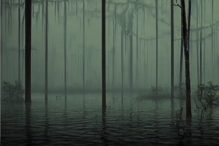 Image similar to scene from louisiana swamps,, neon cross, voodoo, 8 k, hyper detailed, artwork by tim eitel