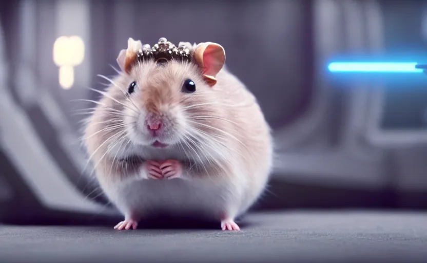 Image similar to hamster as princess leia, movie still, star wars, cinematic, sharp focus, cinematic grain, cinematic lighting, 8 k