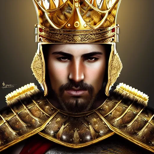 Prompt: Hyper-realistic portrait of the King of the Desert, Warrior at war, battle field, Gold Armour and Crown, Sword, handsome attractive face, attractive young man, beautiful face, photo realistic, dramatic lighting, majestic, trending on artstation, elegant, intricate, highly detailed, digital painting, concept art, sharp focus, illustration, art by artgerm and greg rutkowski and alphonse mucha
