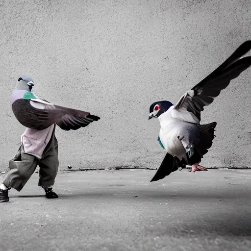 Prompt: a pigeon vs a kid kung fu style in a dojo for a piece of bread, facing each other, stand off, muscled pigeon like the rock, best photo award, high quality 8 k, cinematic lighting, cinematic composition, high detail, realism : 9 5 %