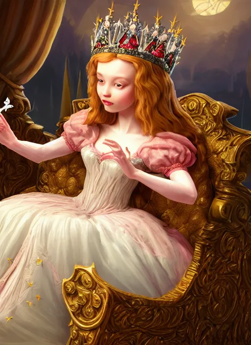 Image similar to highly detailed closeup, low - poly hands, portrait of a fairytale medieval princess wearing a crown and sitting on a throne eating cakes, unreal engine, low - poly hands, nicoletta ceccoli, mark ryden, earl norem, lostfish, global illumination, god rays, detailed and intricate environment